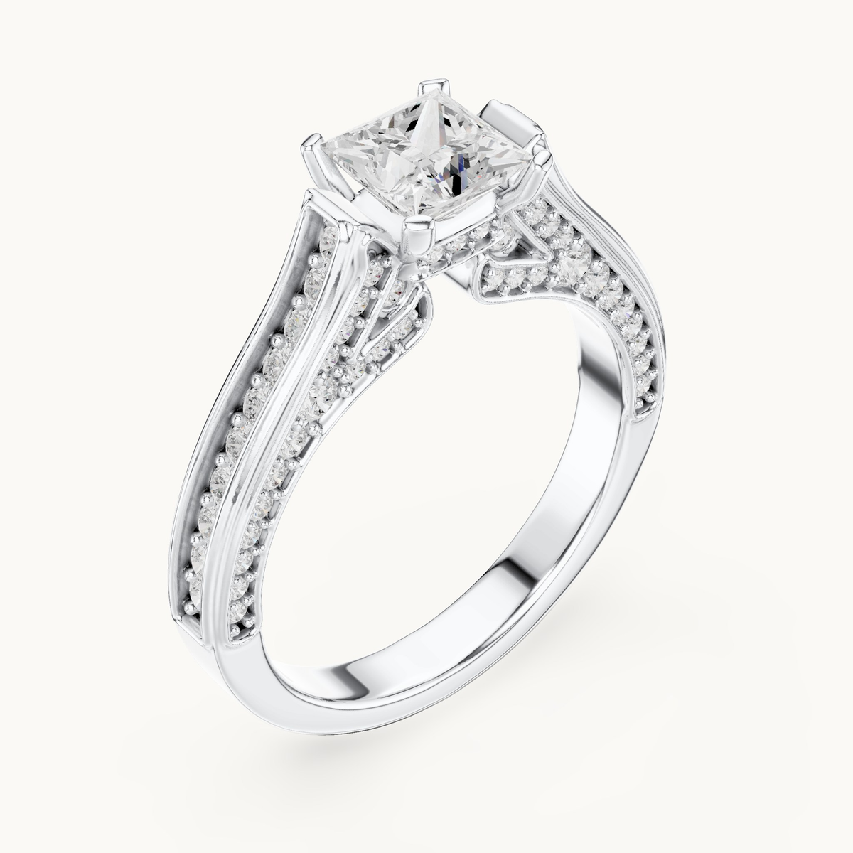 Princess-cut lab-grown diamond split shank pavé engagement ring in 14K white gold, 1.70 CT TW, view 2