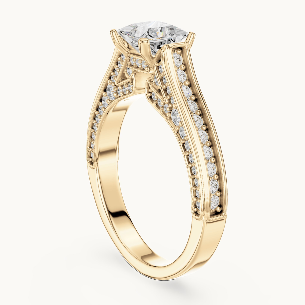 Princess-cut lab-grown diamond split shank pavé engagement ring in 14K yellow gold, 1.70 CT TW, view 1