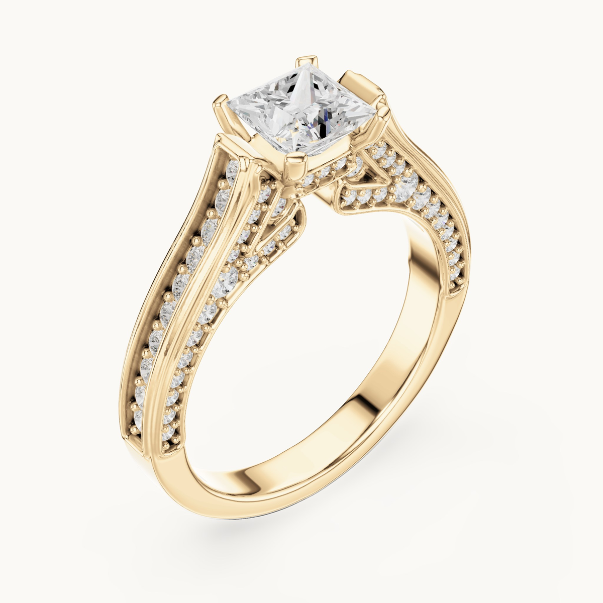 Princess-cut lab-grown diamond split shank pavé engagement ring in 14K yellow gold, 1.70 CT TW, view 2