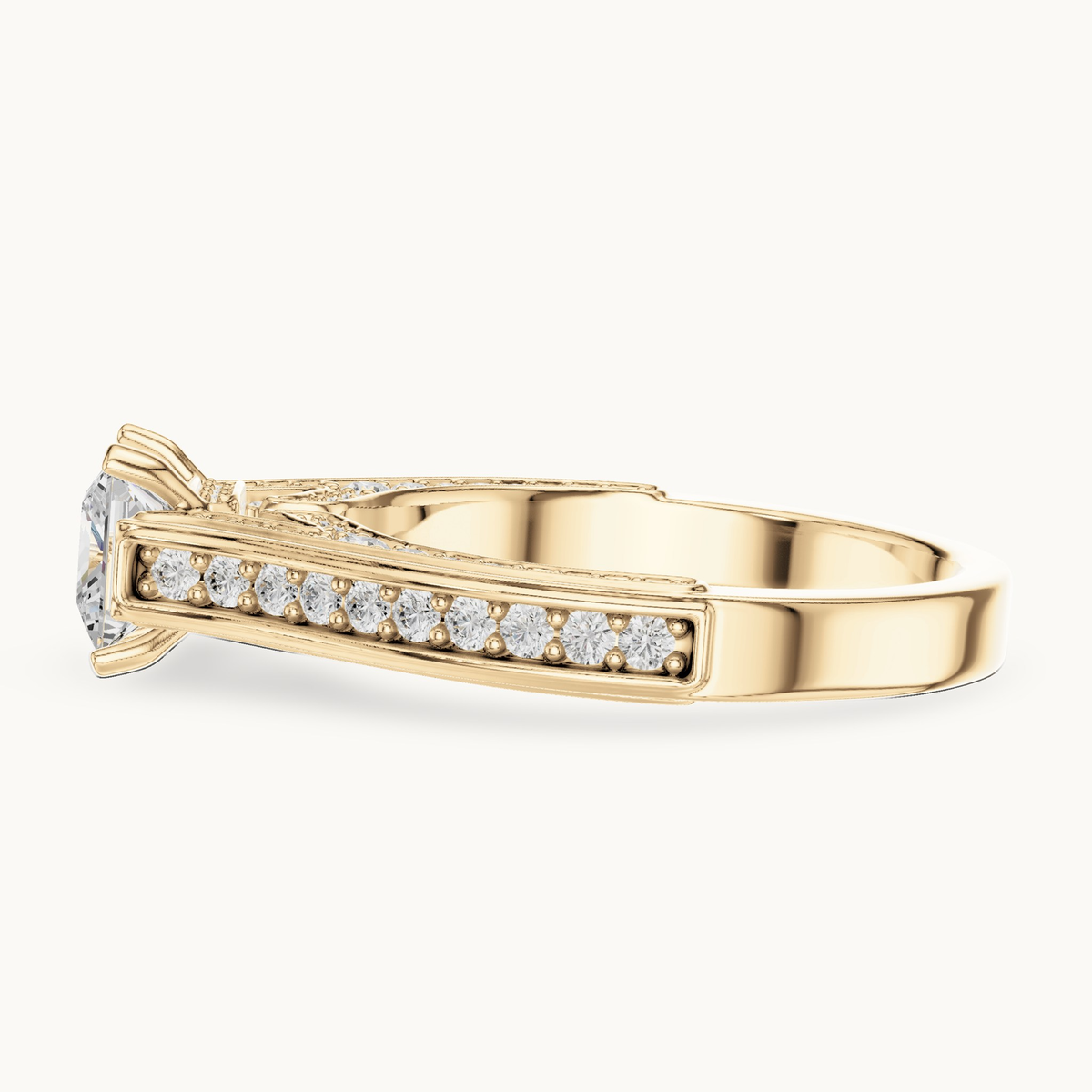 Princess-cut lab-grown diamond split shank pavé engagement ring in 14K yellow gold, 1.70 CT TW, view 3