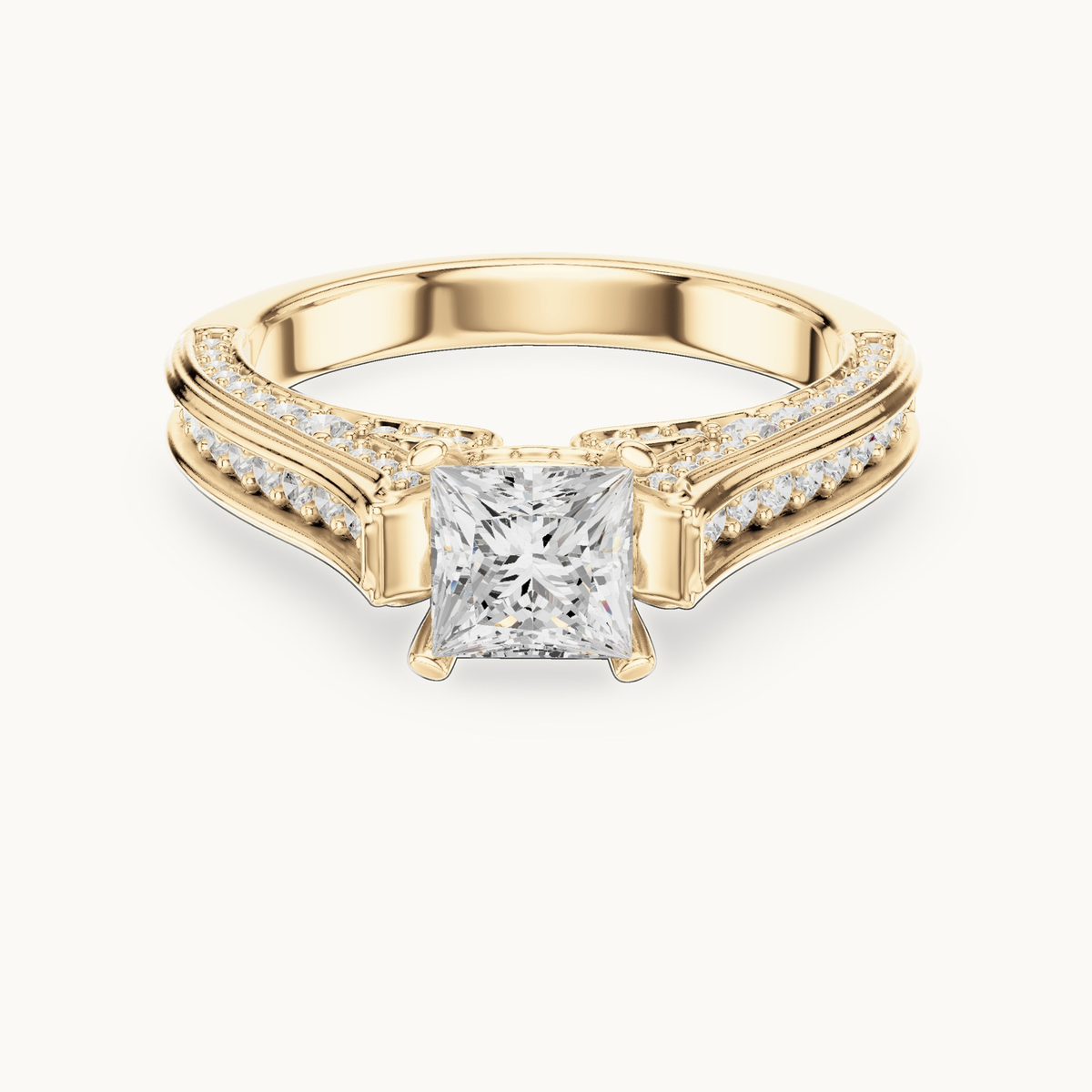 Princess-cut lab-grown diamond split shank pavé engagement ring in 14K yellow gold, 1.70 CT TW, view 4