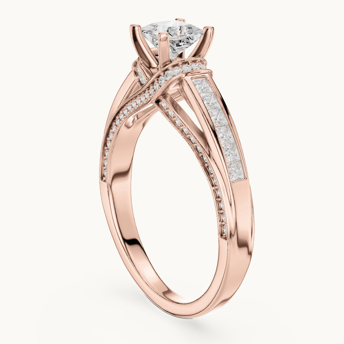 Princess-cut and round lab-grown diamond crossover pavé engagement ring in rose gold, 1.156 CT TW, view 1