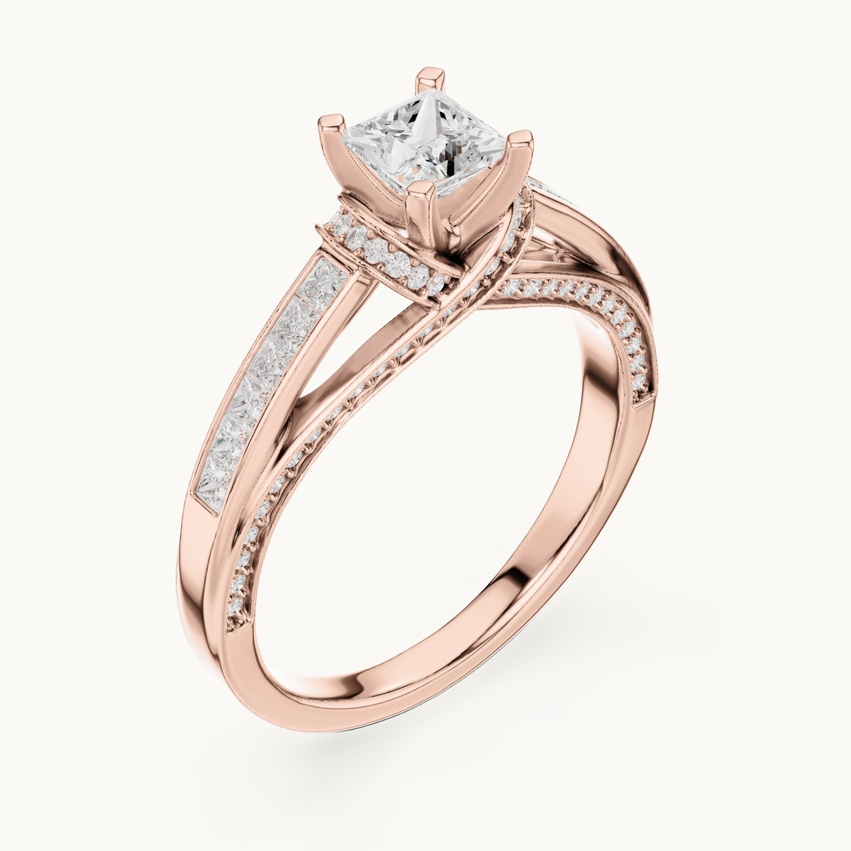 Princess-cut and round lab-grown diamond crossover pavé engagement ring in rose gold, 1.156 CT TW, view 2