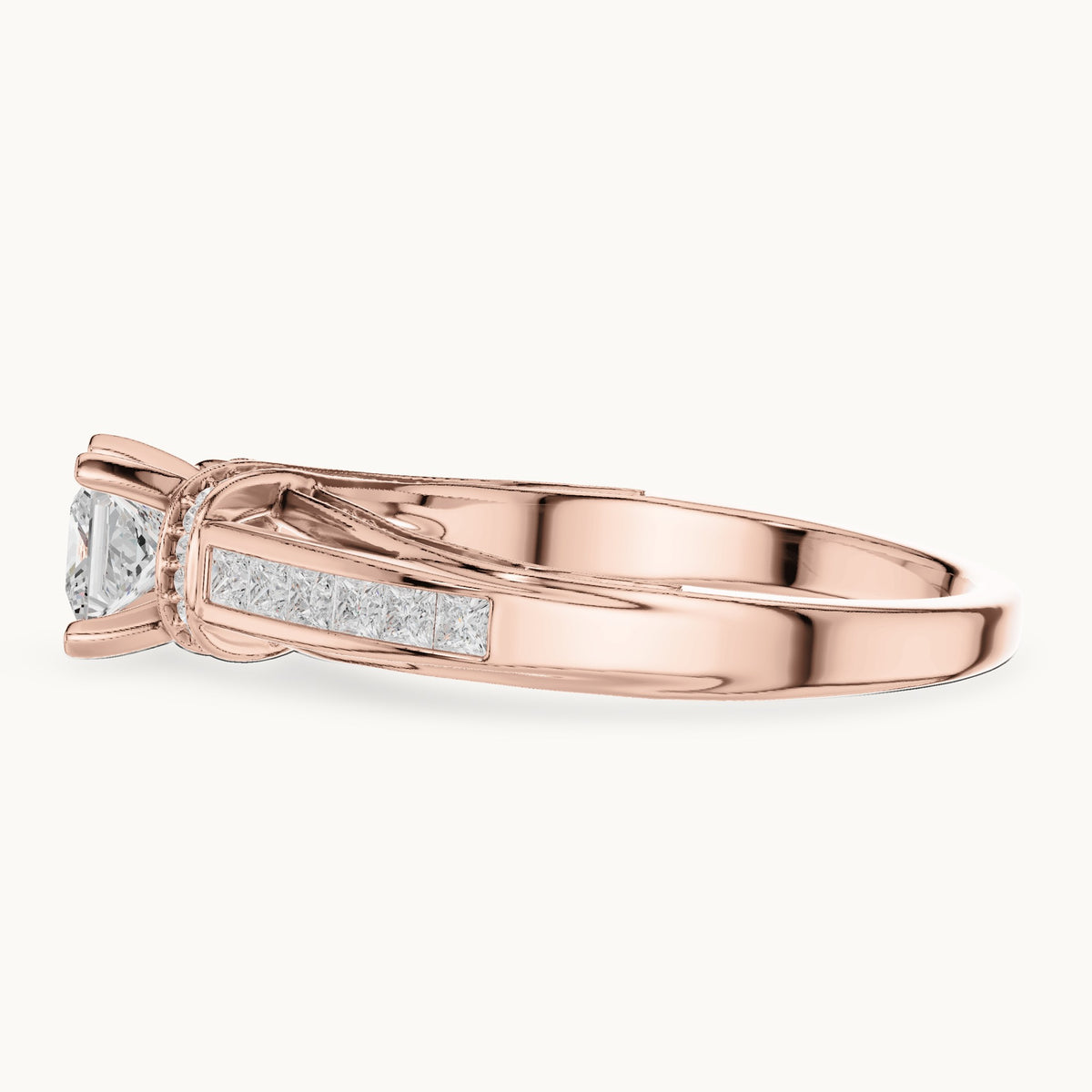 Princess-cut and round lab-grown diamond crossover pavé engagement ring in rose gold, 1.156 CT TW, view 3