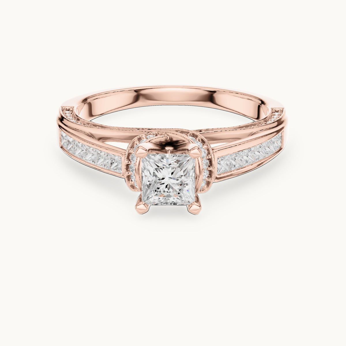 Princess-cut and round lab-grown diamond crossover pavé engagement ring in rose gold, 1.156 CT TW, view 4