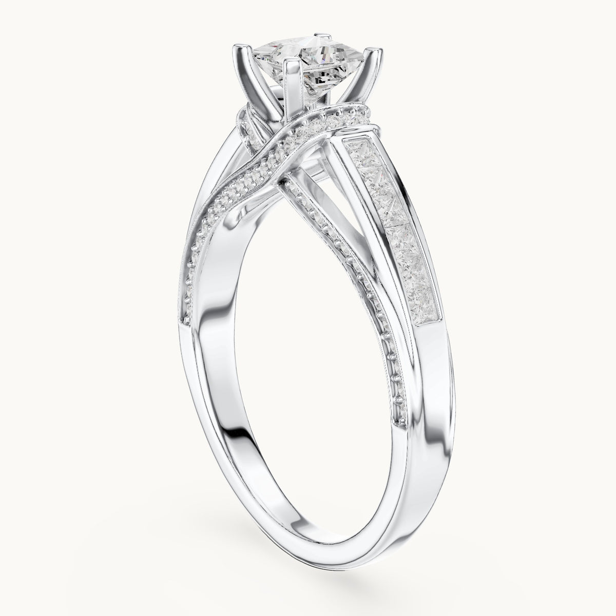 Princess-cut and round lab-grown diamond crossover pavé engagement ring in white gold, 1.156 CT TW, view 1