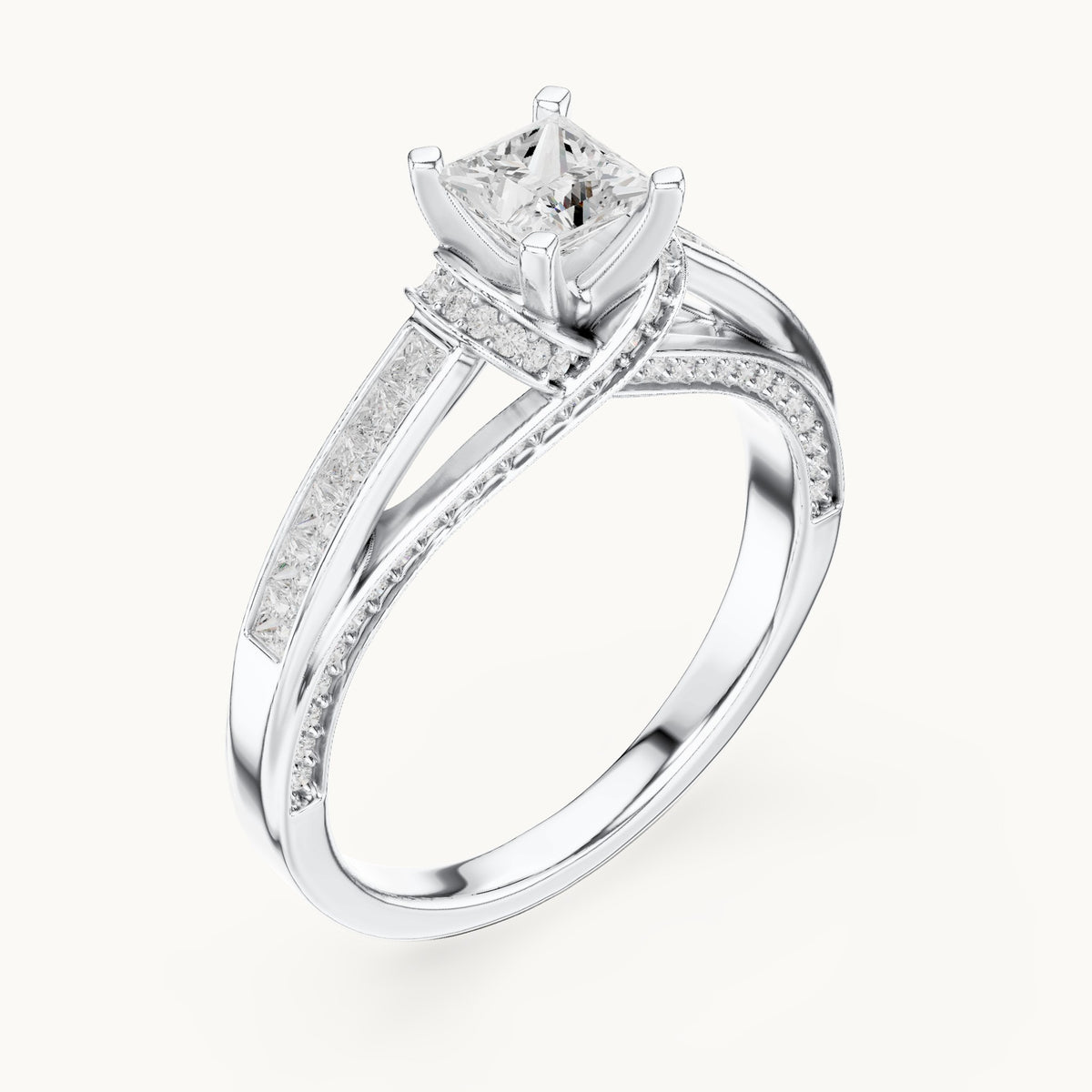 Princess-cut and round lab-grown diamond crossover pavé engagement ring in white gold, 1.156 CT TW, view 2