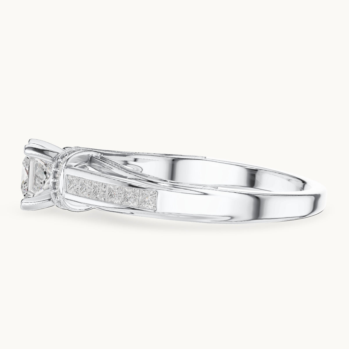 Princess-cut and round lab-grown diamond crossover pavé engagement ring in white gold, 1.156 CT TW, view 3
