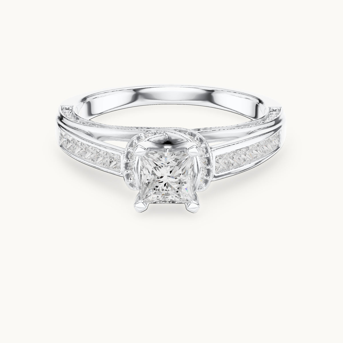 Princess-cut and round lab-grown diamond crossover pavé engagement ring in white gold, 1.156 CT TW, view 4
