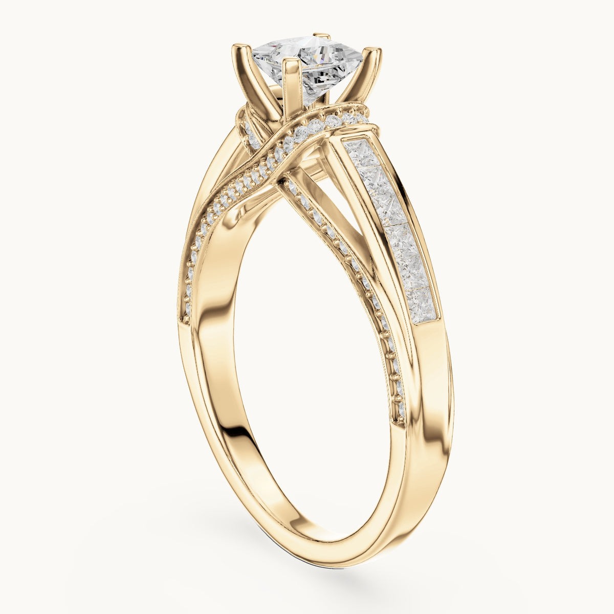 Princess-cut and round lab-grown diamond crossover pavé engagement ring in yellow gold, 1.156 CT TW, view 1