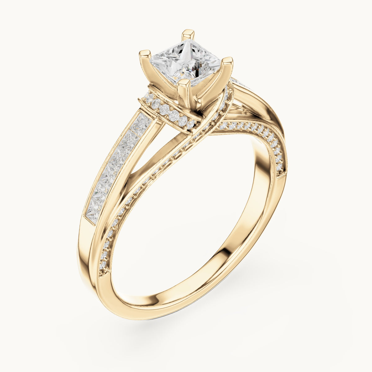Princess-cut and round lab-grown diamond crossover pavé engagement ring in yellow gold, 1.156 CT TW, view 2