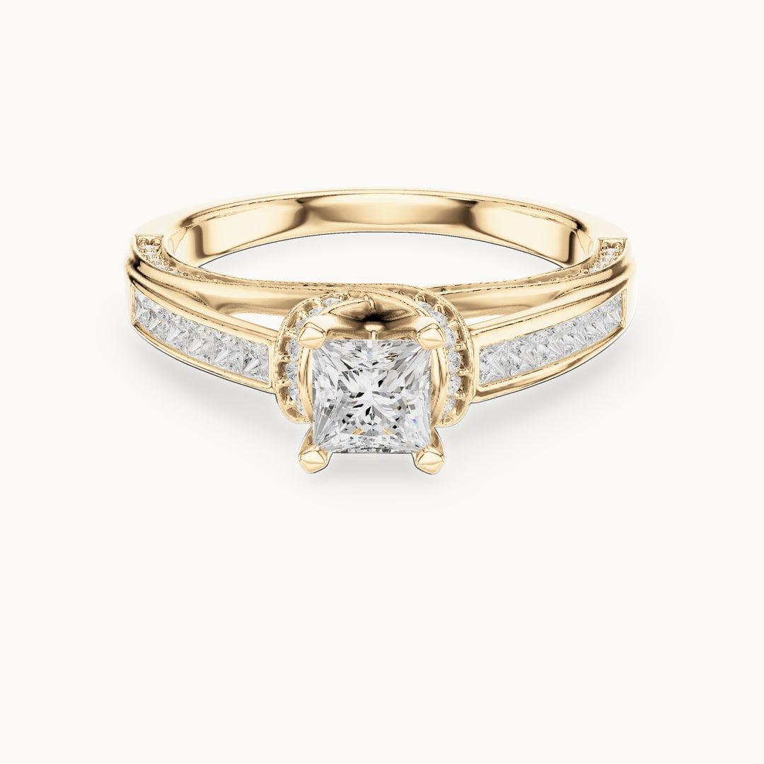 Princess-cut and round lab-grown diamond crossover pavé engagement ring in yellow gold, 1.156 CT TW, view 4