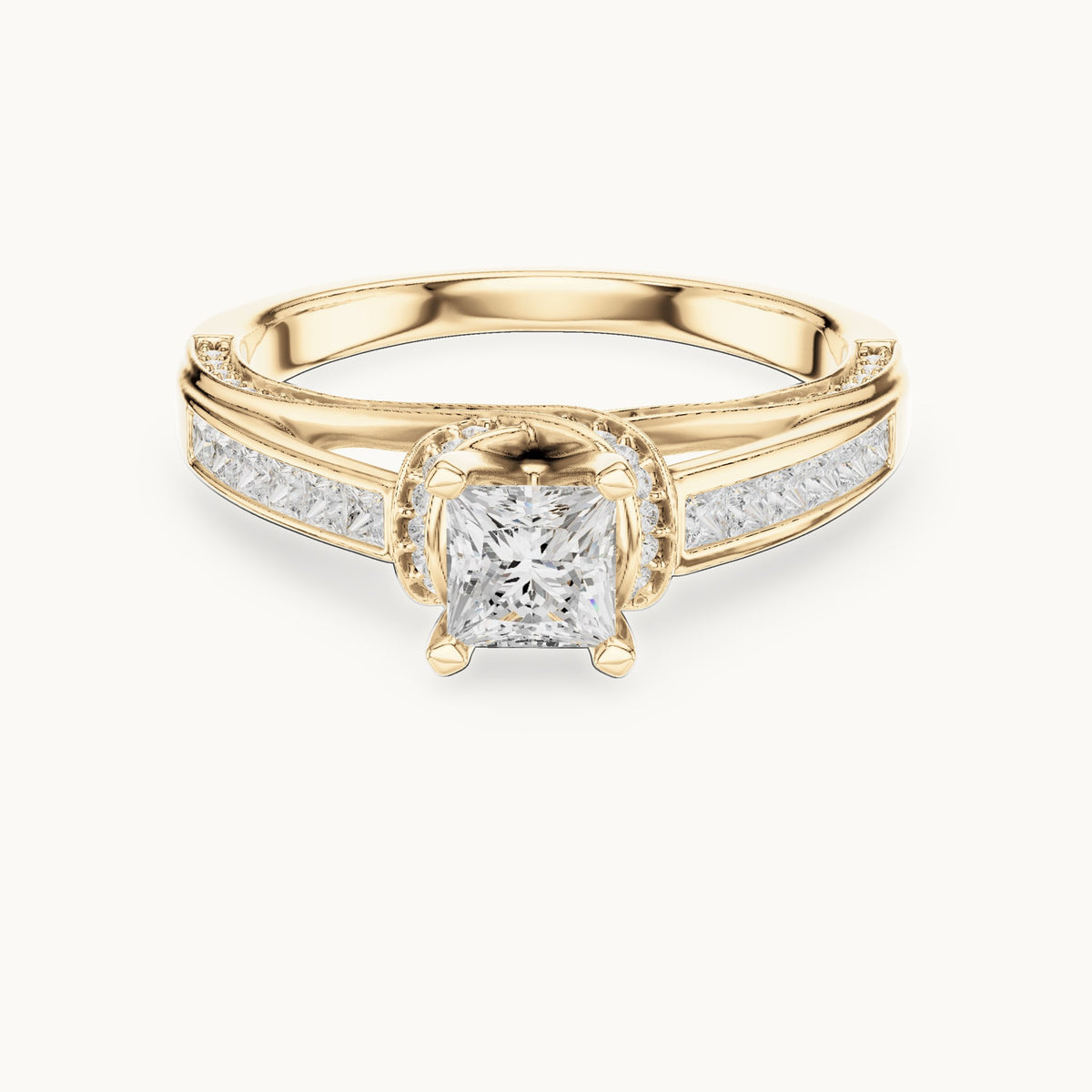Princess-cut and round lab-grown diamond crossover pavé engagement ring in yellow gold, 1.156 CT TW, view 4