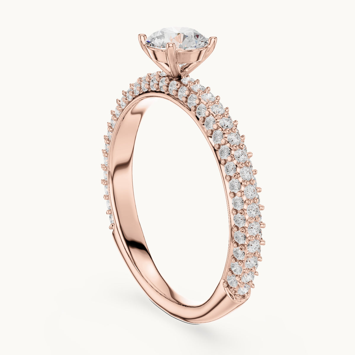 Round lab-grown diamond triple-row pavé engagement ring in rose gold, 1.33 CT TW, view 1