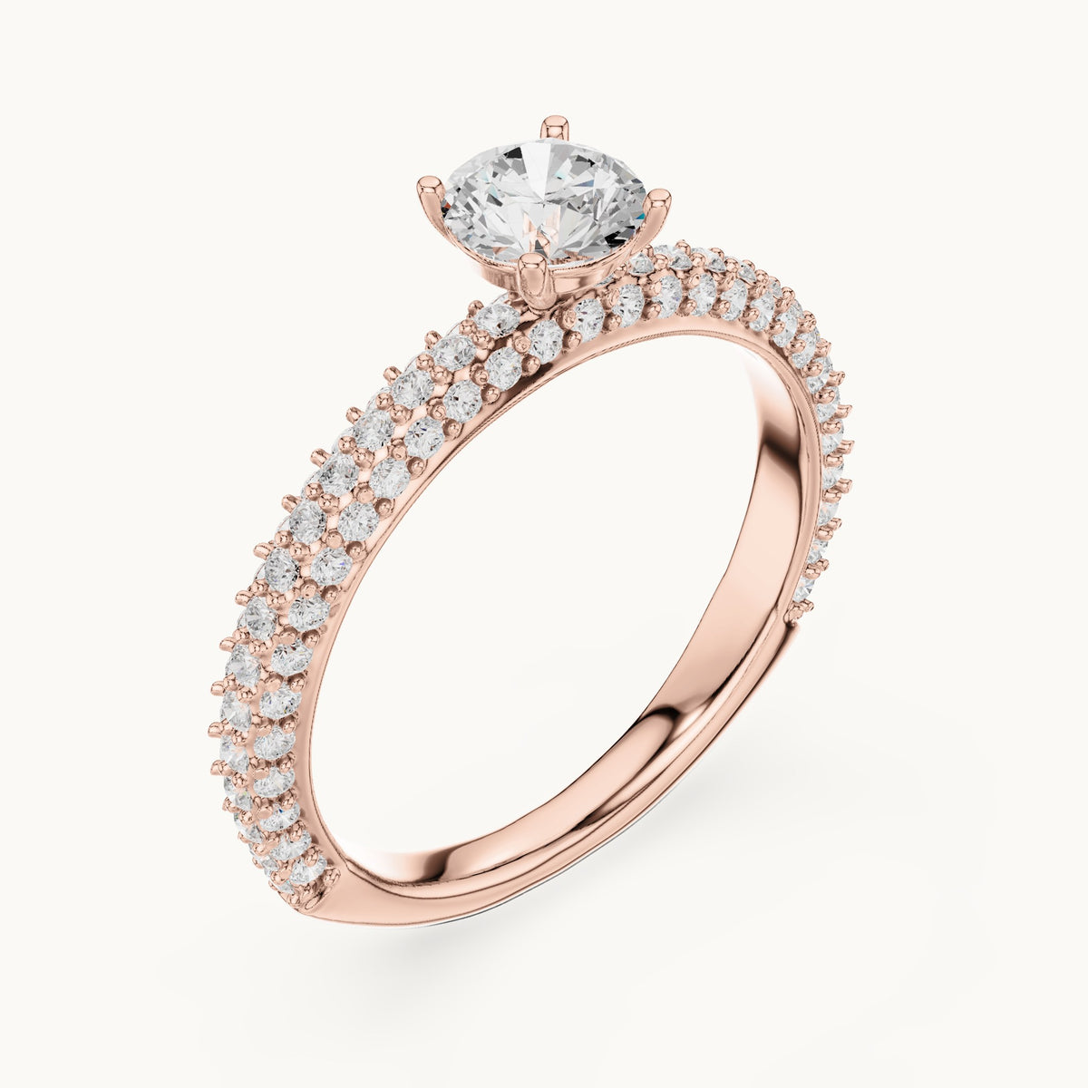 Round lab-grown diamond triple-row pavé engagement ring in rose gold, 1.33 CT TW, view 2
