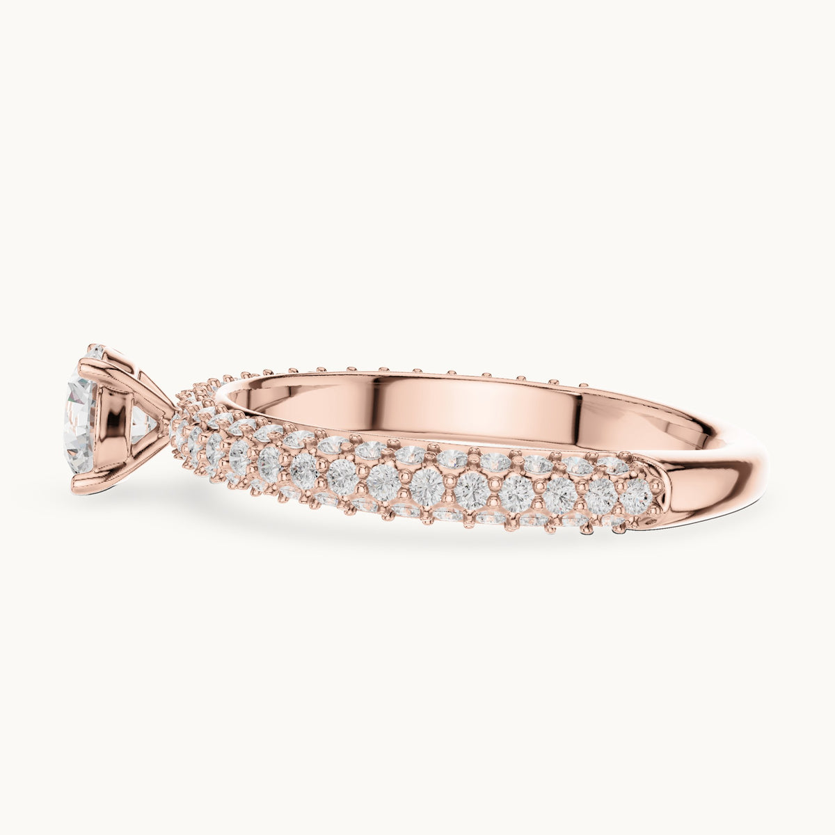 Round lab-grown diamond triple-row pavé engagement ring in rose gold, 1.33 CT TW, view 3