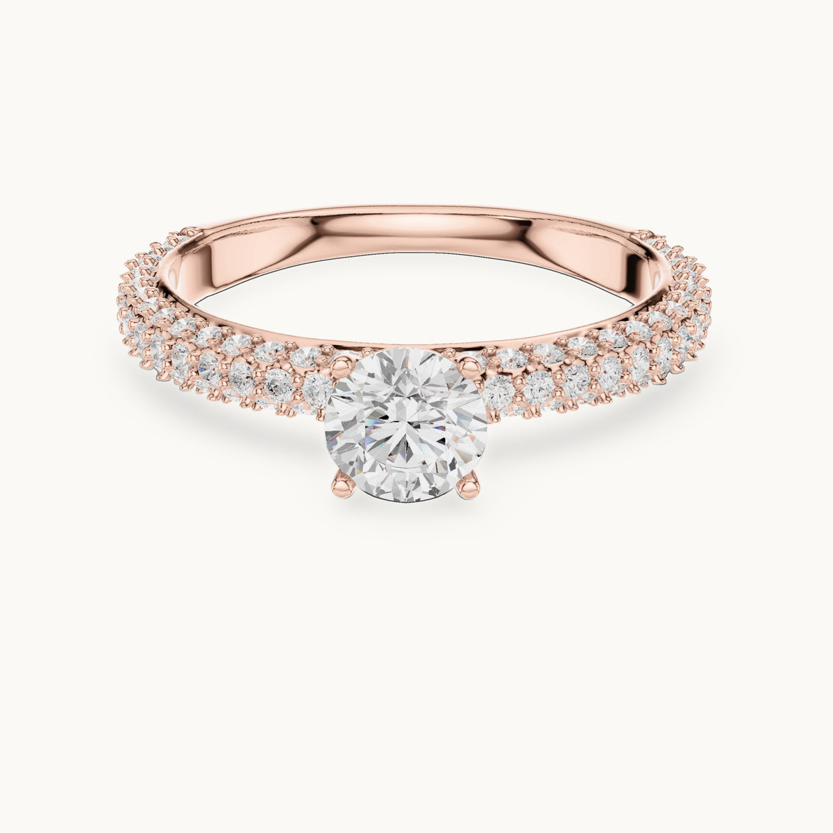 Round lab-grown diamond triple-row pavé engagement ring in rose gold, 1.33 CT TW, view 4