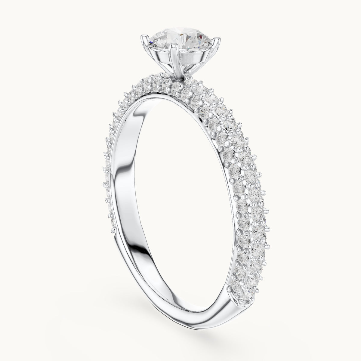 Round lab-grown diamond triple-row pavé engagement ring in white gold, 1.33 CT TW, view 1