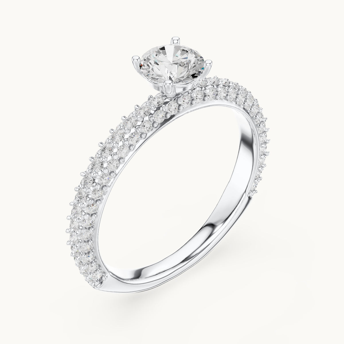 Round lab-grown diamond triple-row pavé engagement ring in white gold, 1.33 CT TW, view 2