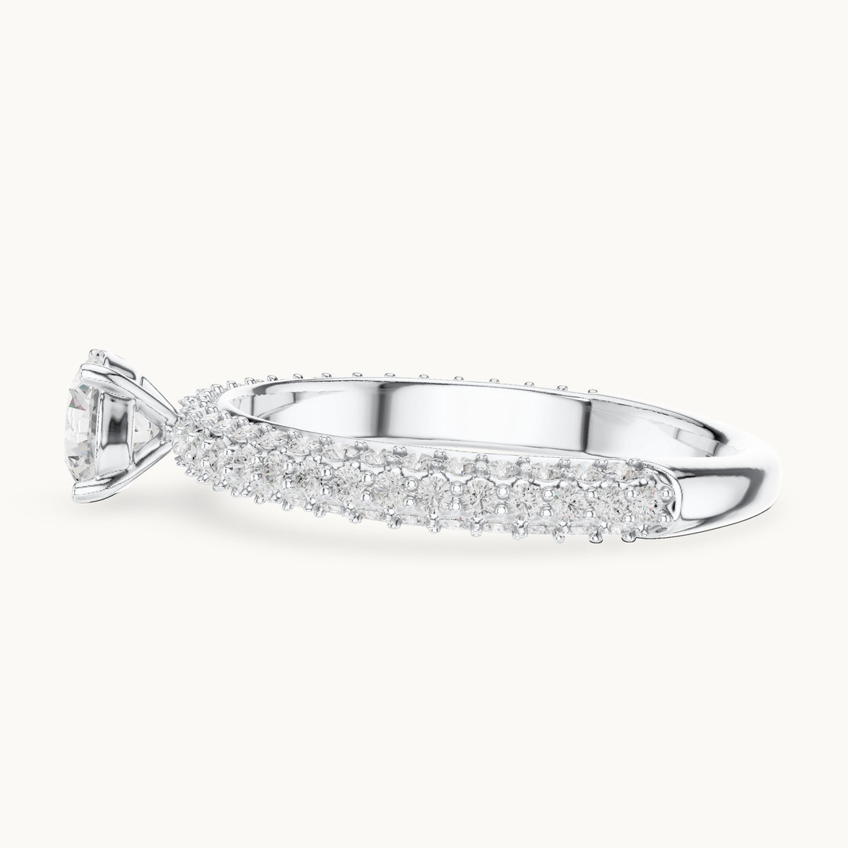 Round lab-grown diamond triple-row pavé engagement ring in white gold, 1.33 CT TW, view 3