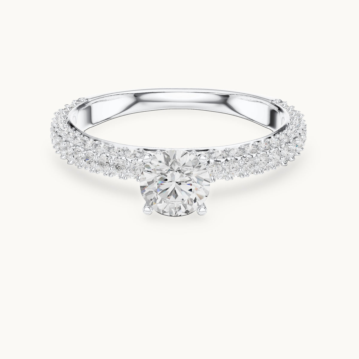 Round lab-grown diamond triple-row pavé engagement ring in white gold, 1.33 CT TW, view 4