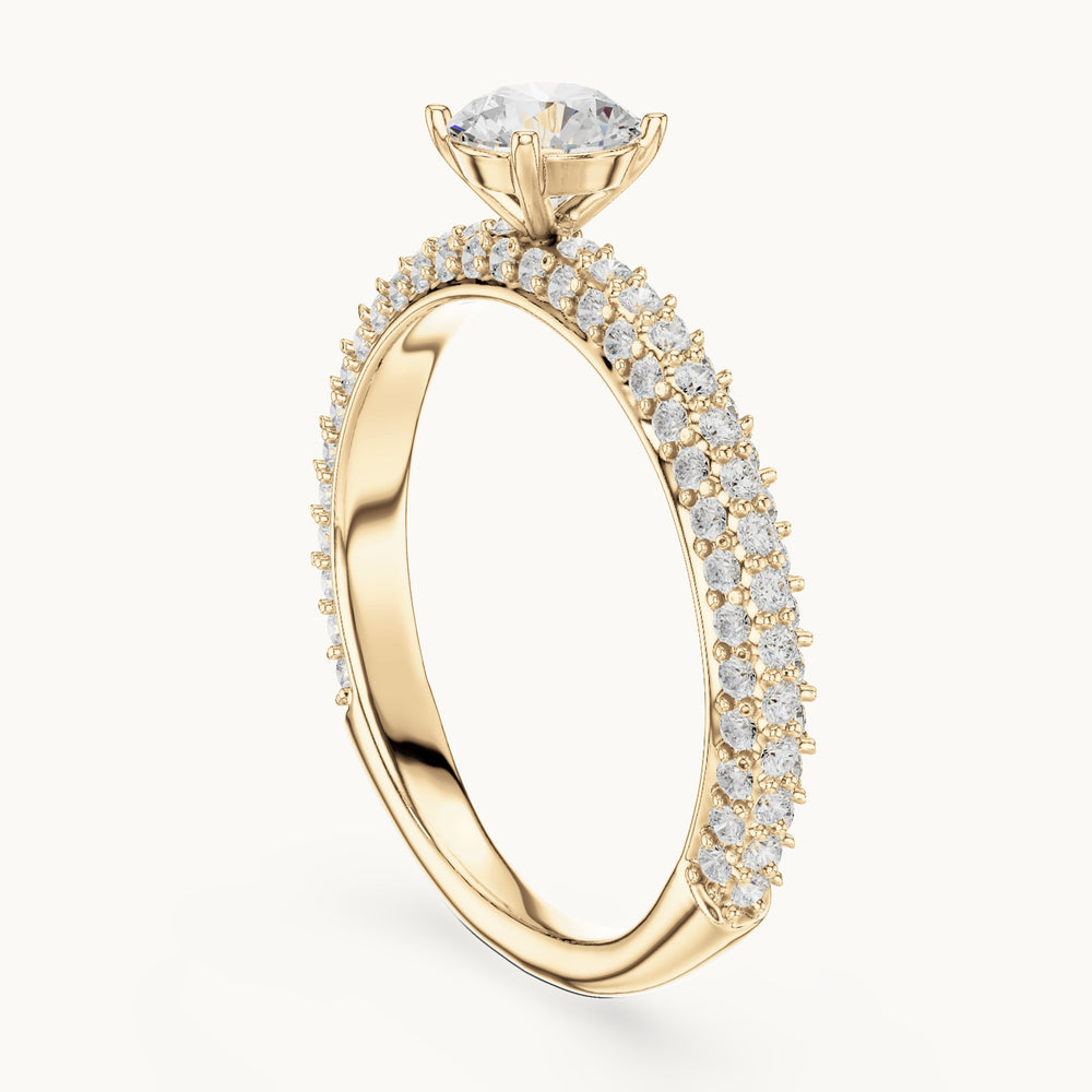 Round lab-grown diamond triple-row pavé engagement ring in yellow gold, 1.33 CT TW, view 1