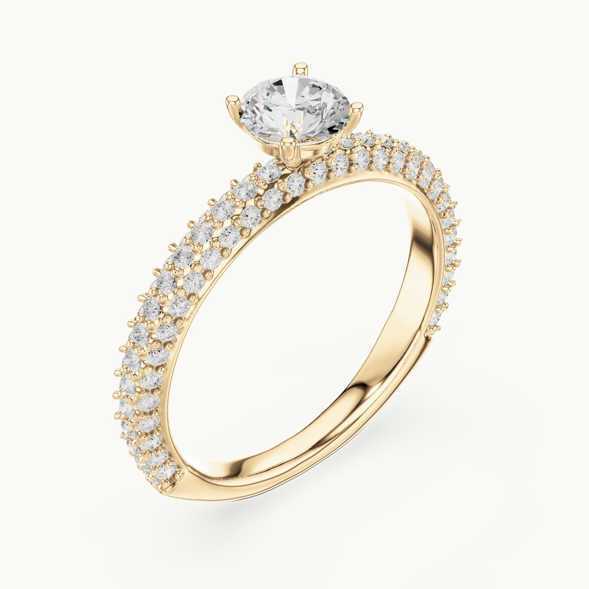 Round lab-grown diamond triple-row pavé engagement ring in yellow gold, 1.33 CT TW, view 2