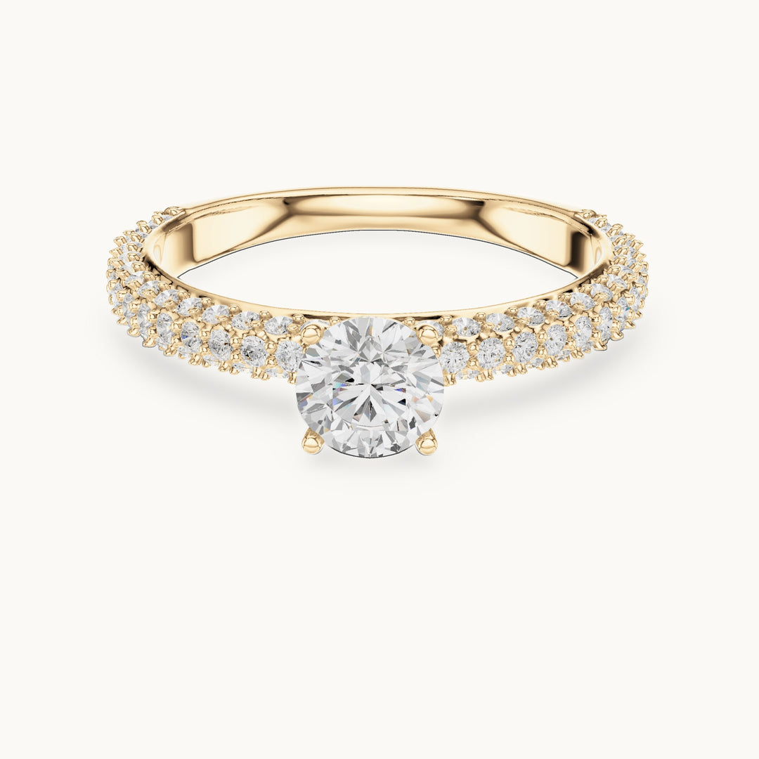Round lab-grown diamond triple-row pavé engagement ring in yellow gold, 1.33 CT TW, view 4
