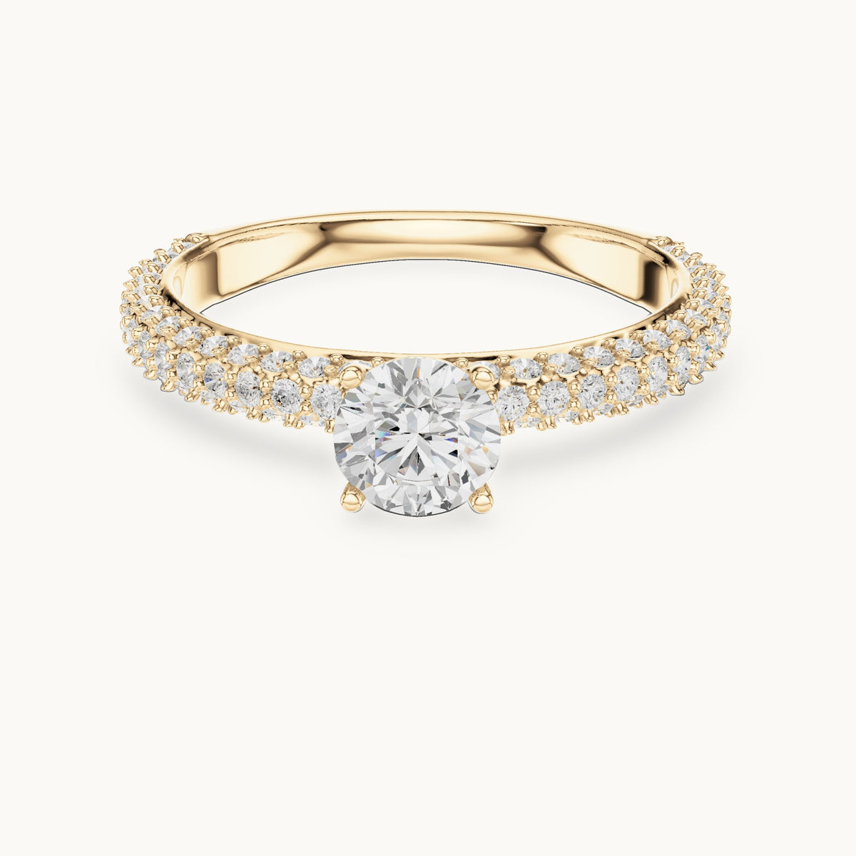 Round lab-grown diamond triple-row pavé engagement ring in yellow gold, 1.33 CT TW, view 4