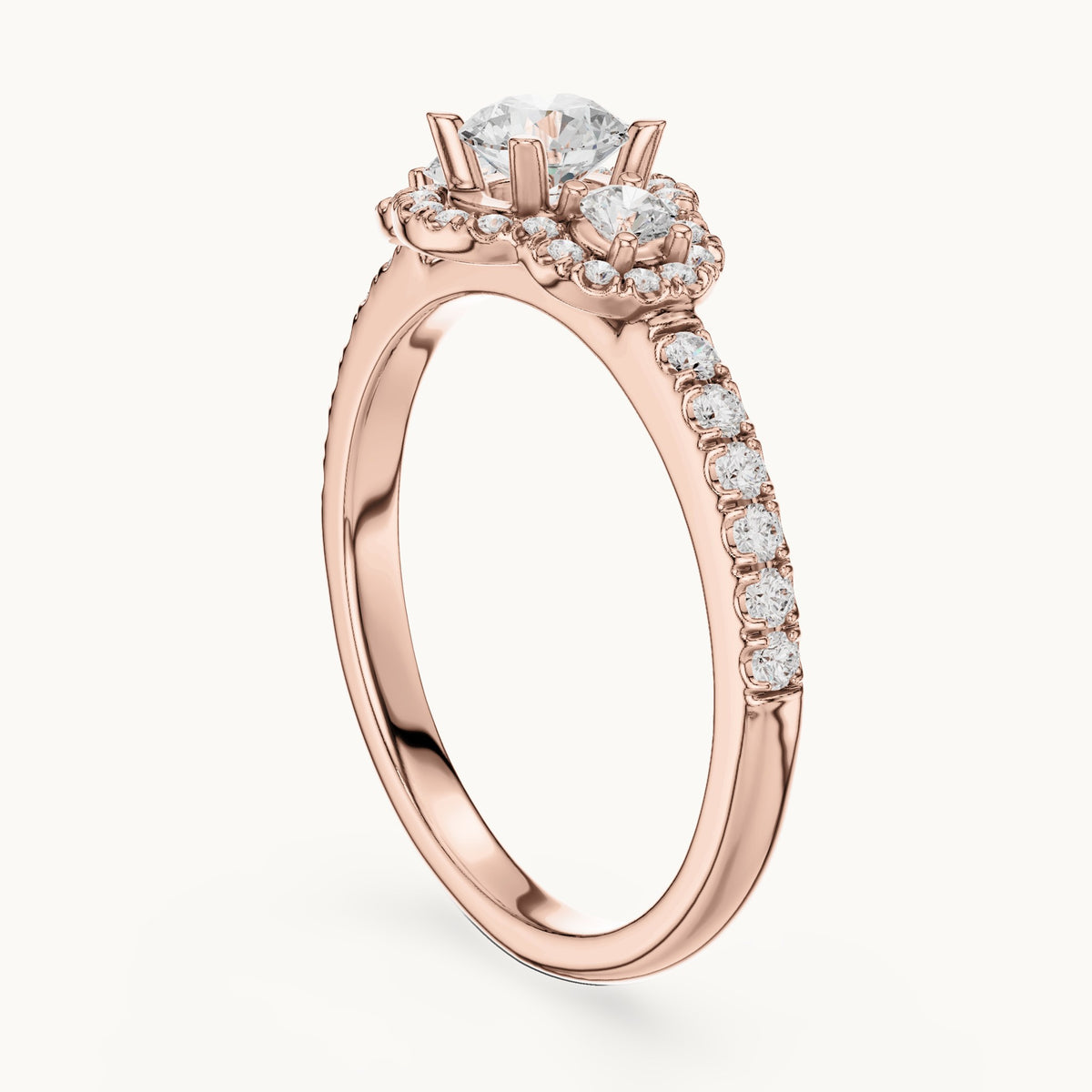 Round lab-grown diamond floral halo engagement ring in rose gold, 0.95 CT TW, view 1