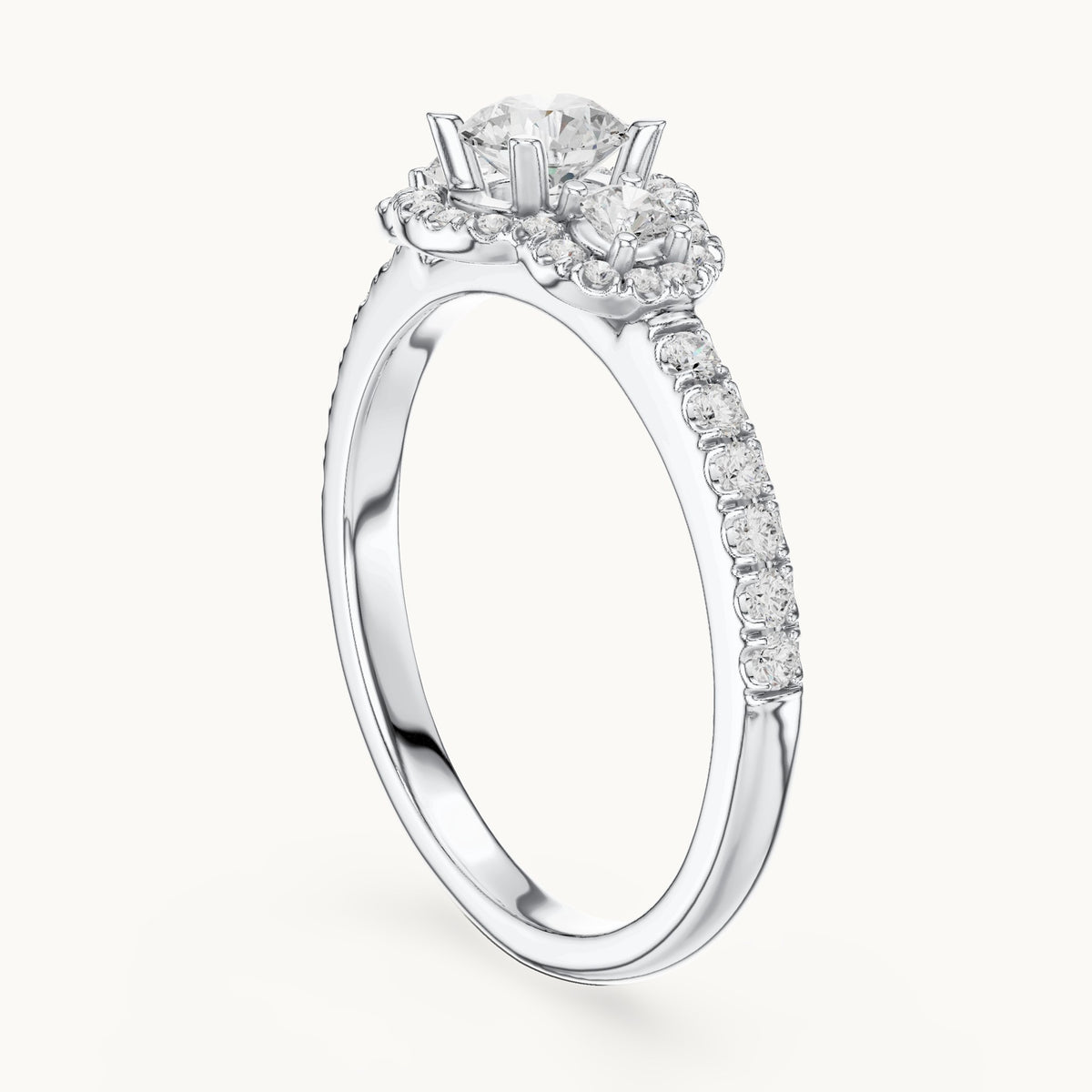 Round lab-grown diamond floral halo engagement ring in white gold, 0.95 CT TW, view 1
