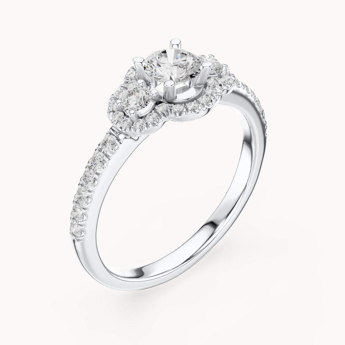 Round lab-grown diamond floral halo engagement ring in white gold, 0.95 CT TW, view 2
