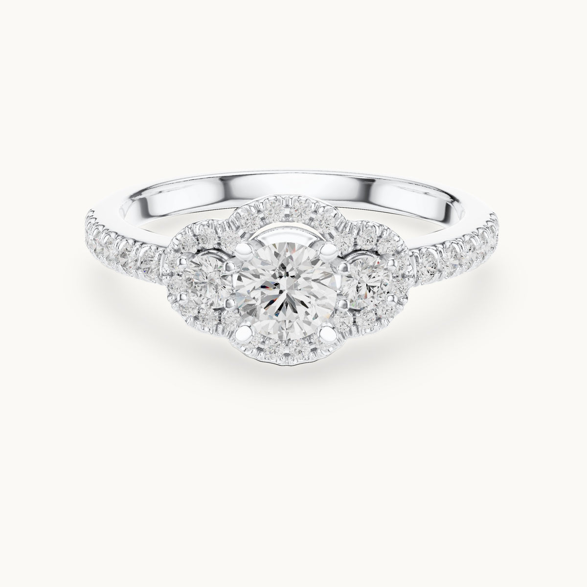 Round lab-grown diamond floral halo engagement ring in white gold, 0.95 CT TW, view 4