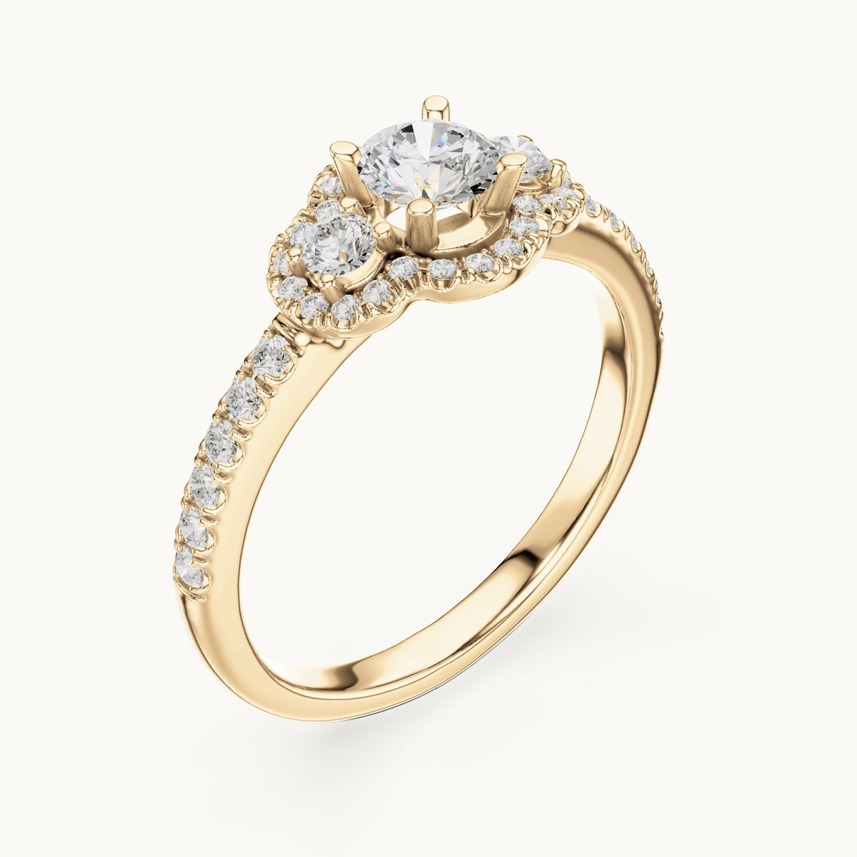 Round lab-grown diamond floral halo engagement ring in yellow gold, 0.95 CT TW, view 2