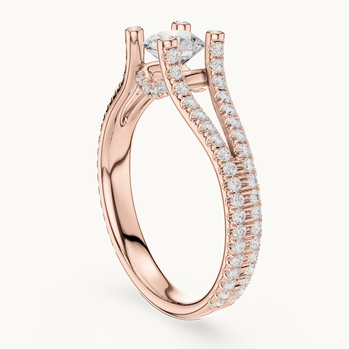 Round lab-grown diamond split shank pavé engagement ring in rose gold, 1.29 CT TW, view 1