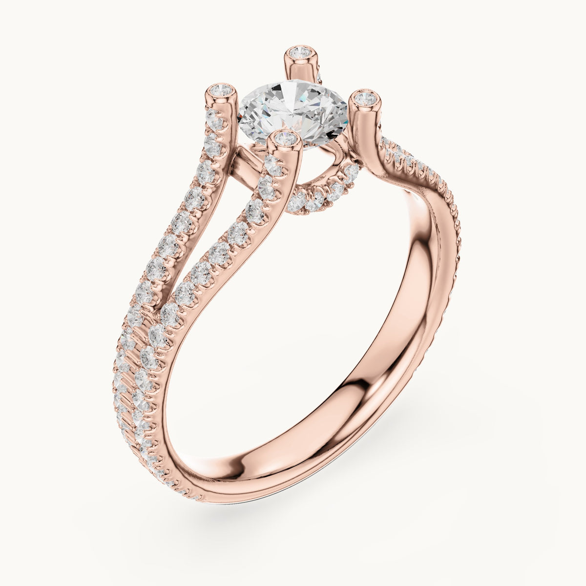 Round lab-grown diamond split shank pavé engagement ring in rose gold, 1.29 CT TW, view 2