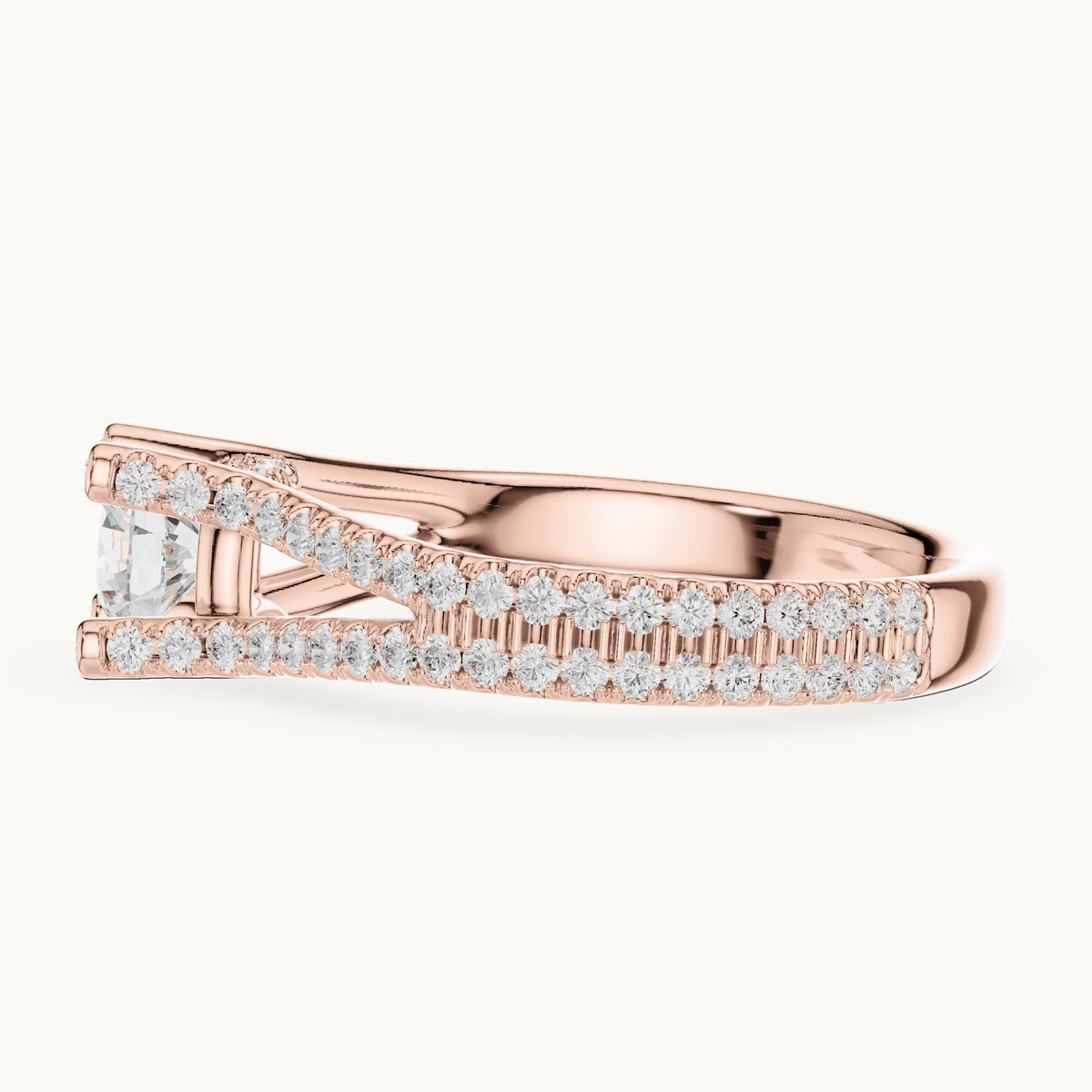Round lab-grown diamond split shank pavé engagement ring in rose gold, 1.29 CT TW, view 3