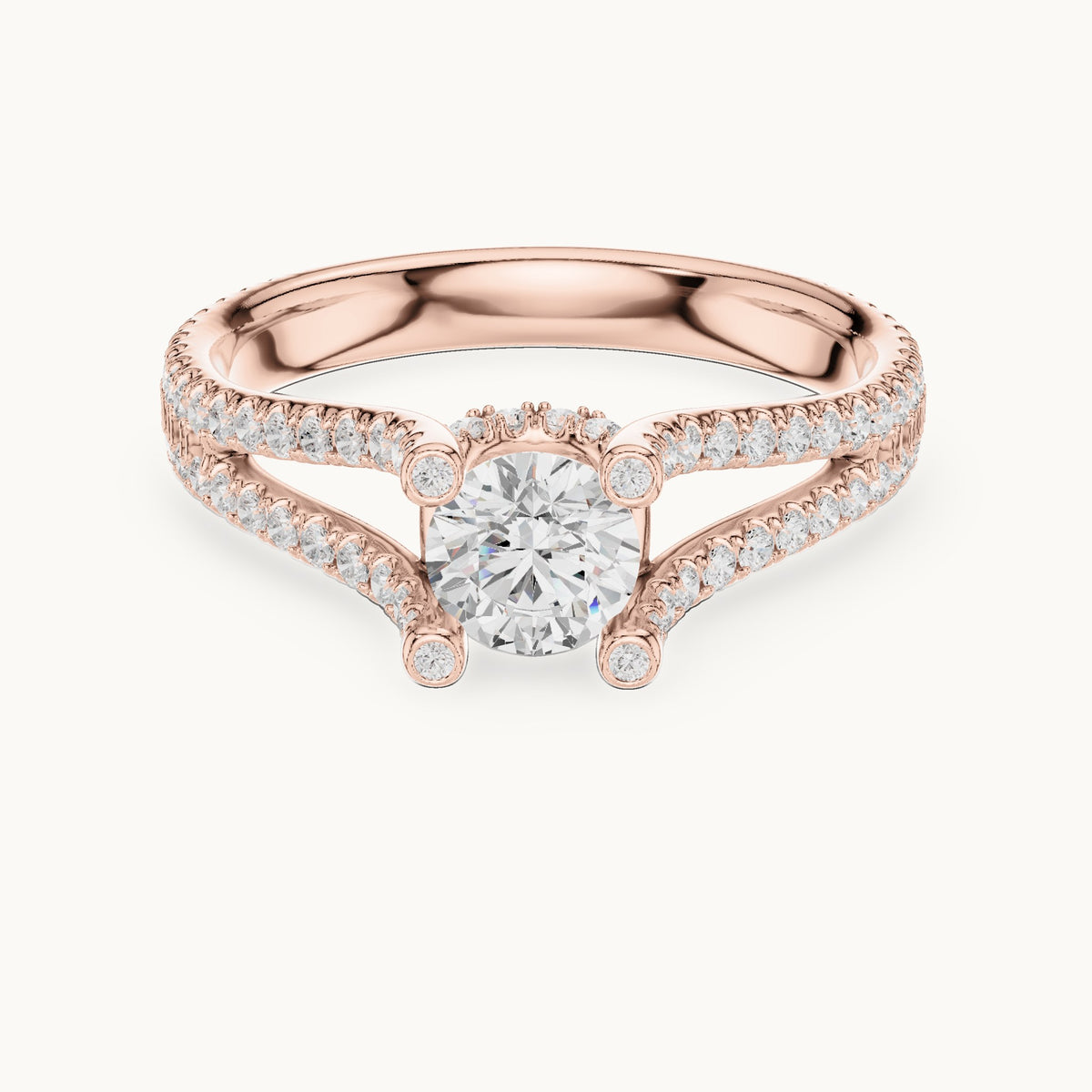 Round lab-grown diamond split shank pavé engagement ring in rose gold, 1.29 CT TW, view 4