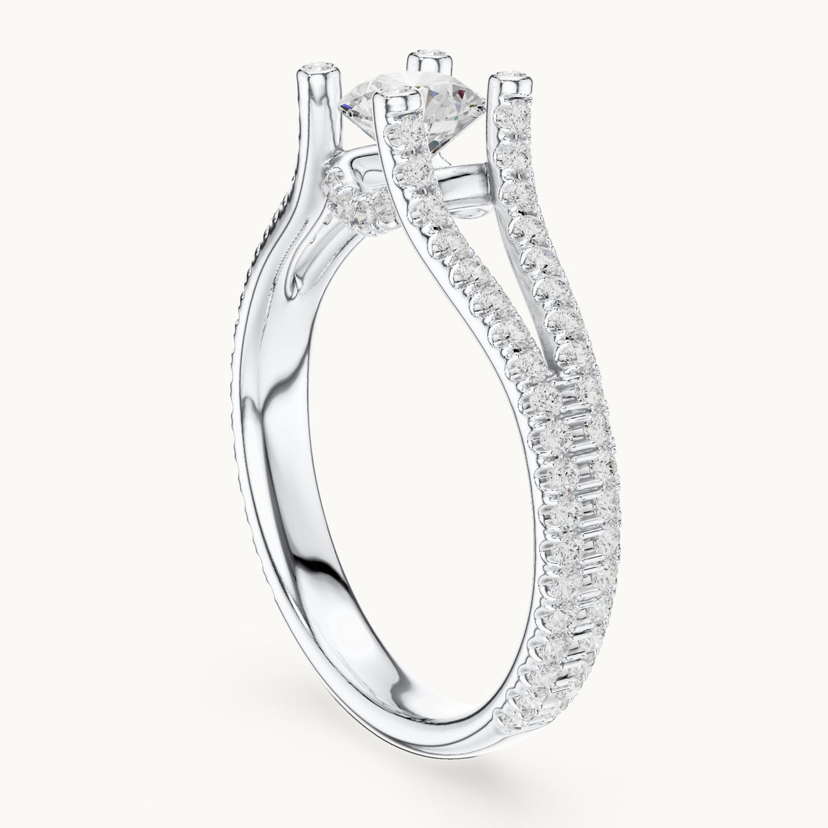 Round lab-grown diamond split shank pavé engagement ring in white gold, 1.29 CT TW, view 1