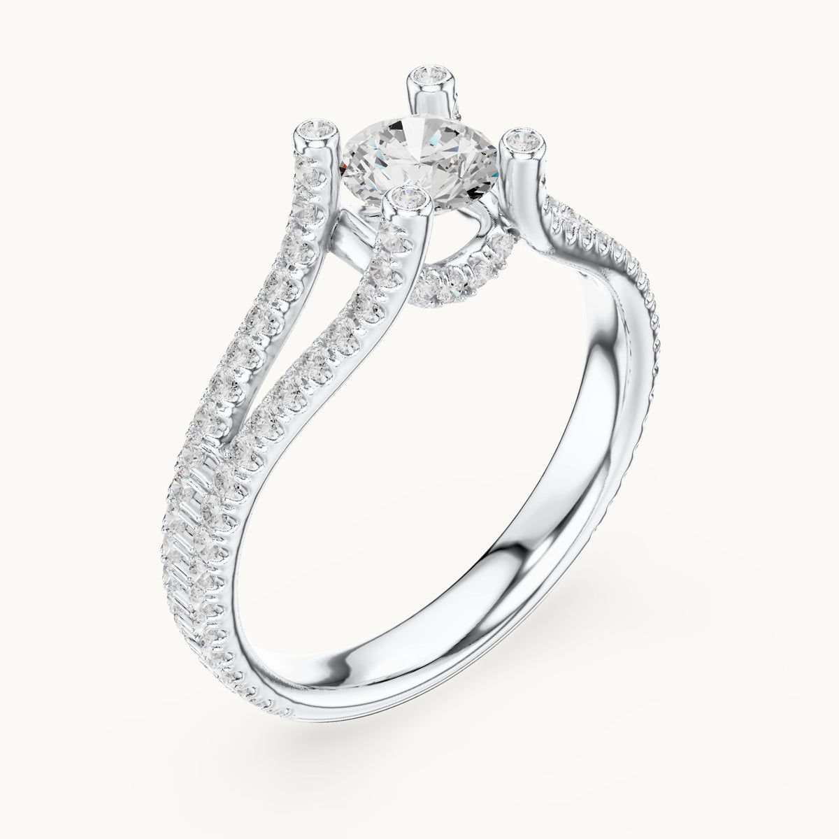 Round lab-grown diamond split shank pavé engagement ring in white gold, 1.29 CT TW, view 2