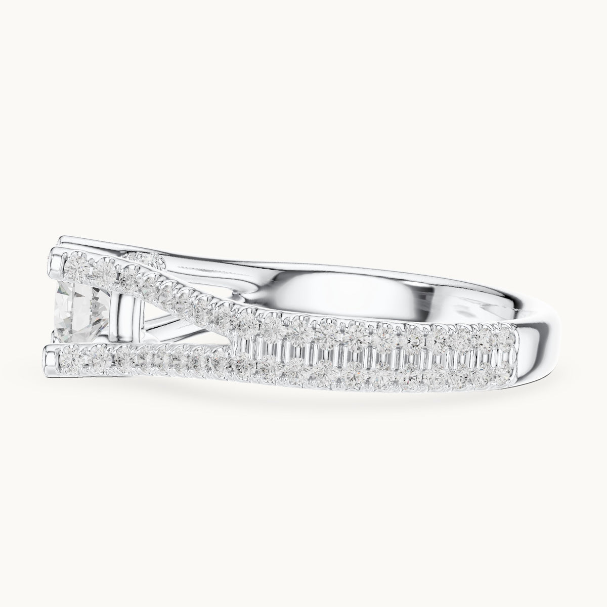 Round lab-grown diamond split shank pavé engagement ring in white gold, 1.29 CT TW, view 3