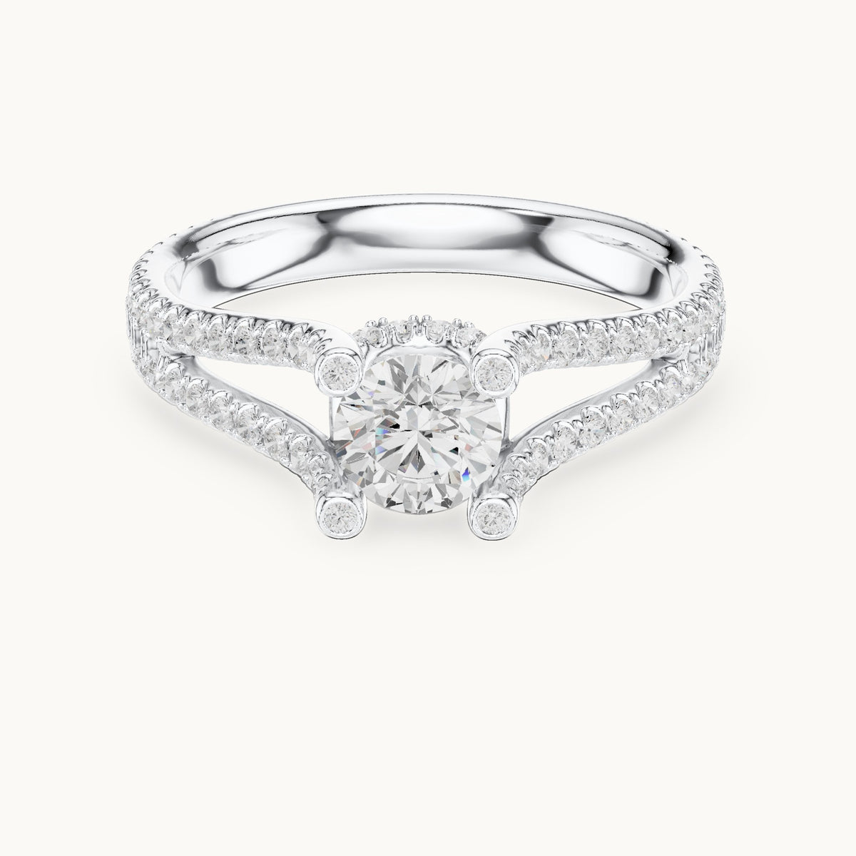 Round lab-grown diamond split shank pavé engagement ring in white gold, 1.29 CT TW, view 4