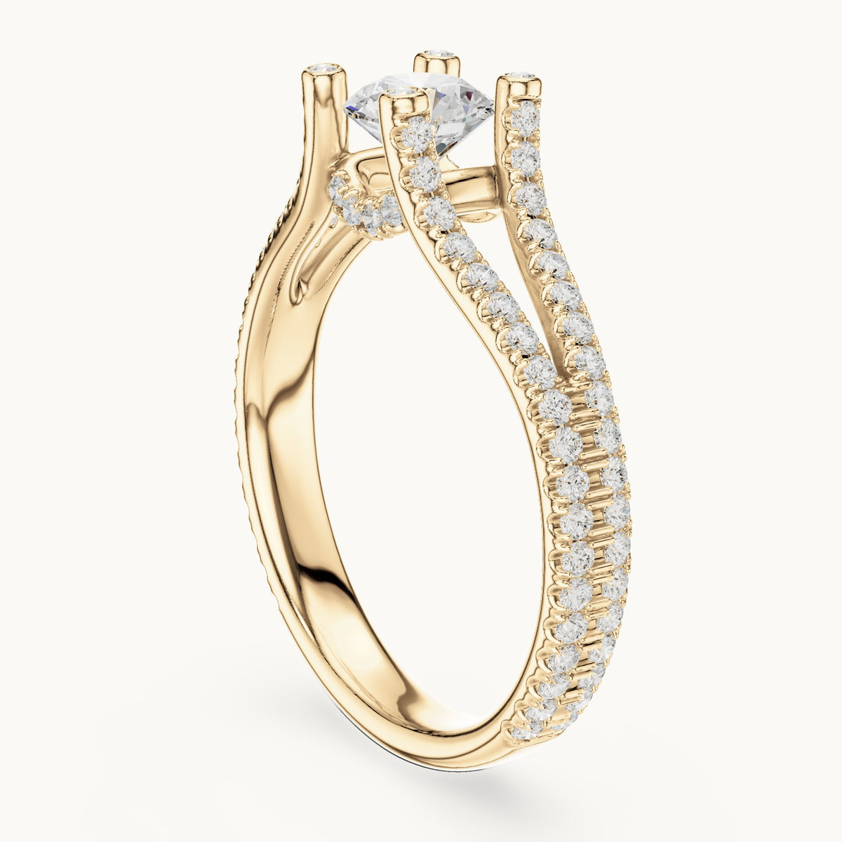 Round lab-grown diamond split shank pavé engagement ring in yellow gold, 1.29 CT TW, view 1