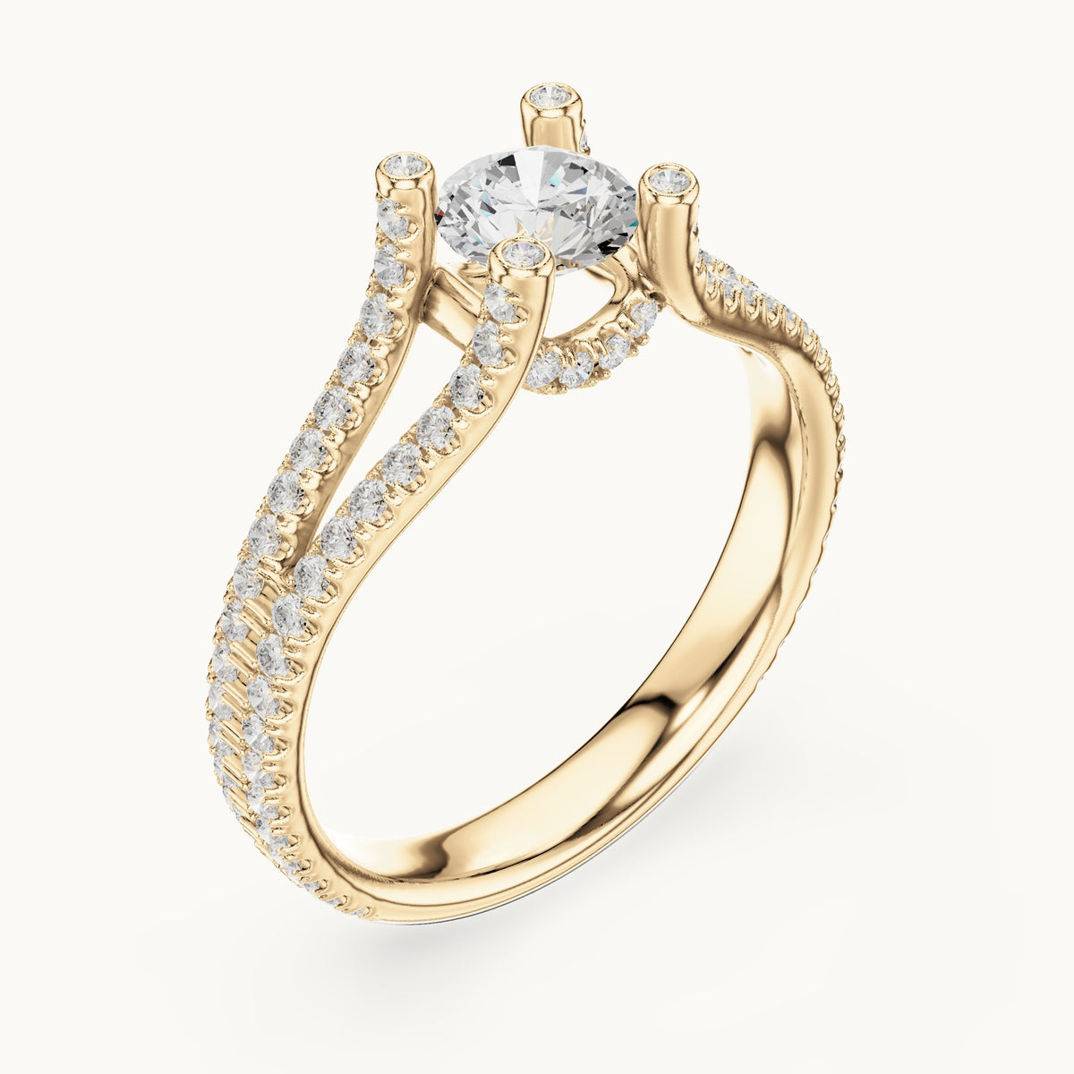 Round lab-grown diamond split shank pavé engagement ring in yellow gold, 1.29 CT TW, view 2