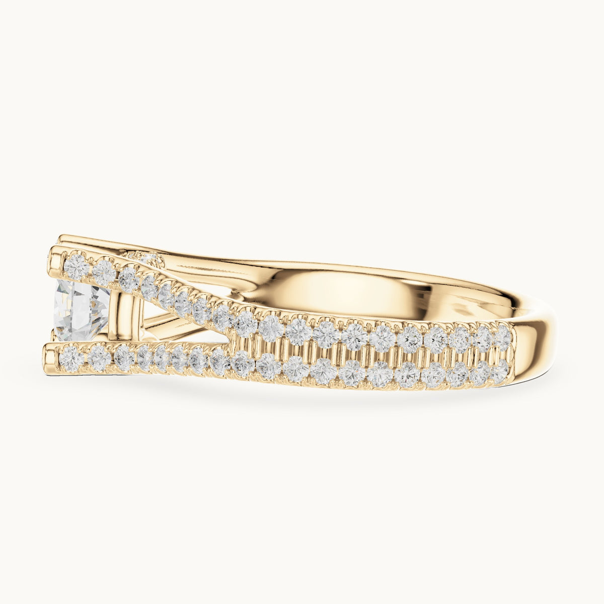 Round lab-grown diamond split shank pavé engagement ring in yellow gold, 1.29 CT TW, view 3