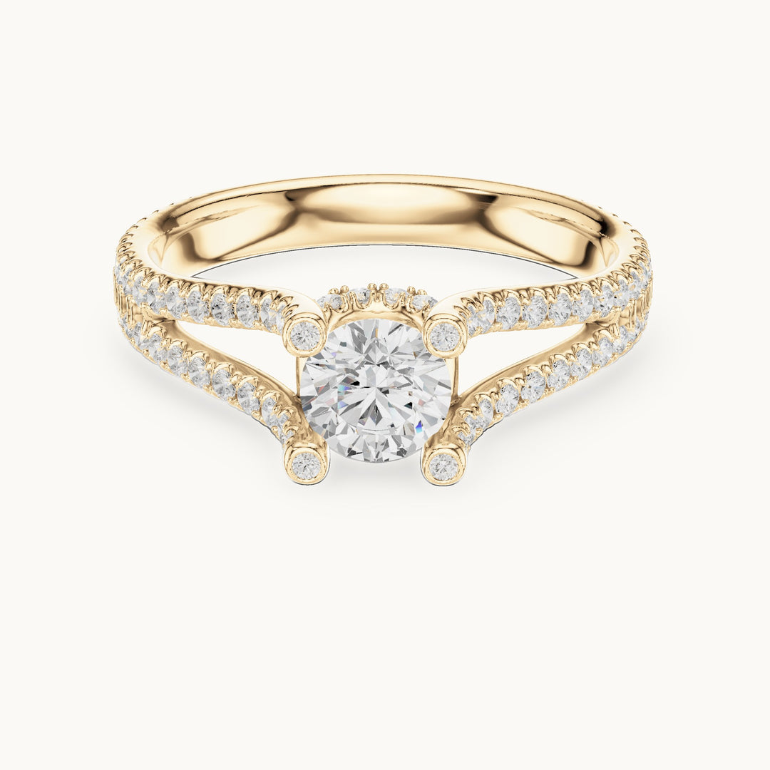 Round lab-grown diamond split shank pavé engagement ring in yellow gold, 1.29 CT TW, view 4