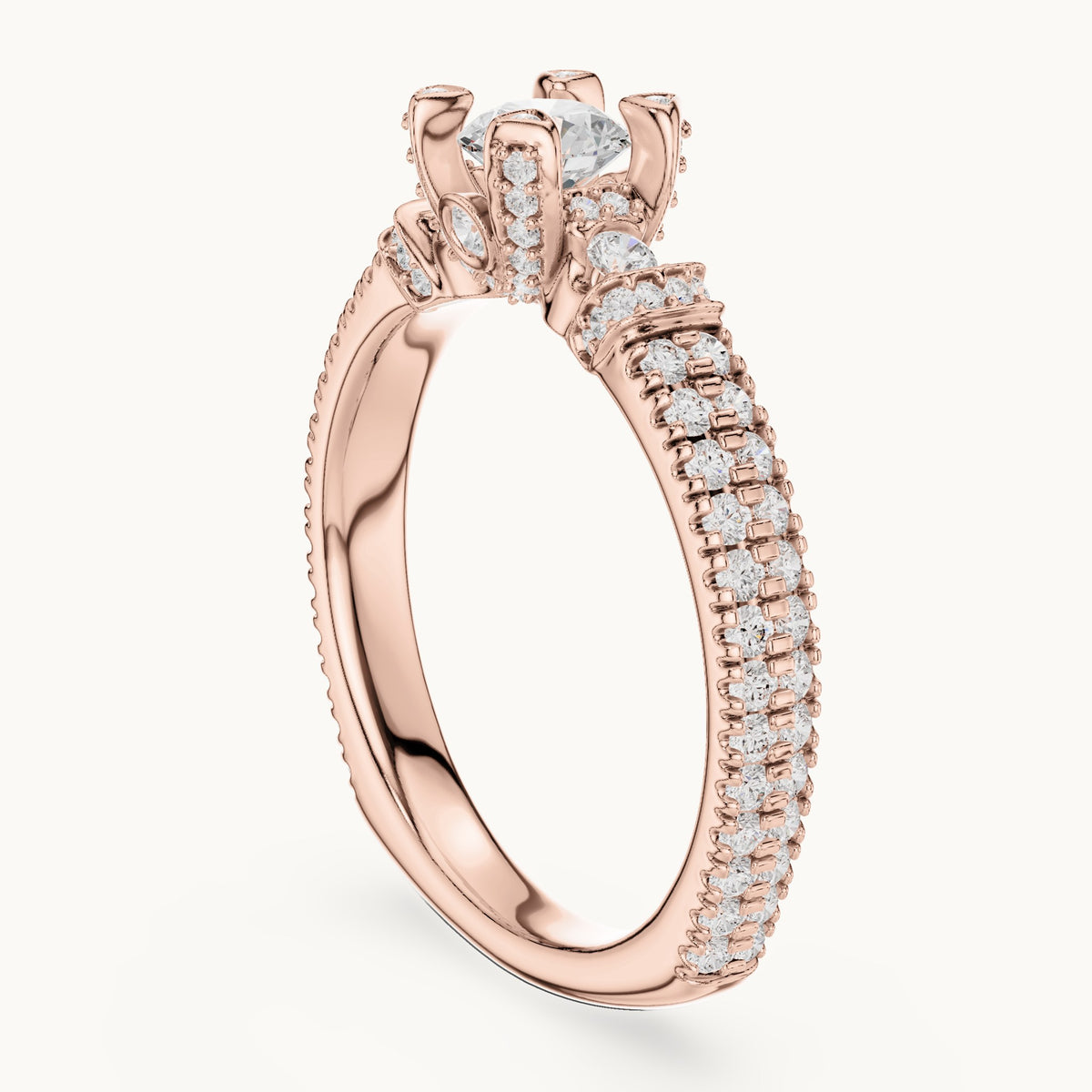 Round lab-grown diamond wide pavé engagement ring with accent diamonds in rose gold, 1.19 CT TW, view 1