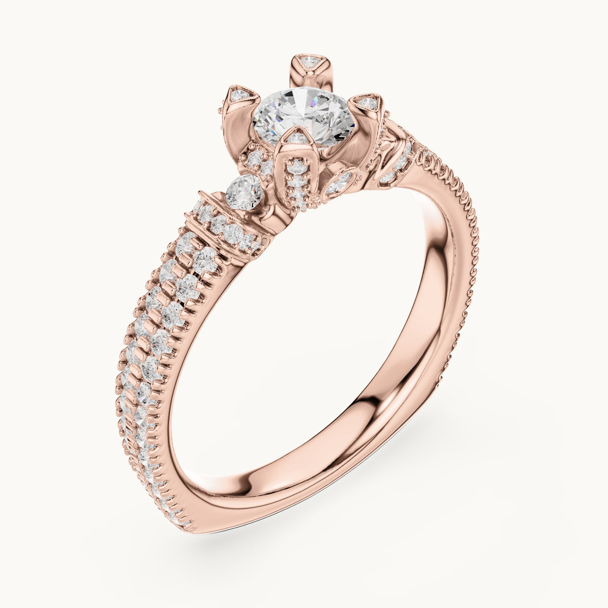 Round lab-grown diamond wide pavé engagement ring with accent diamonds in rose gold, 1.19 CT TW, view 2