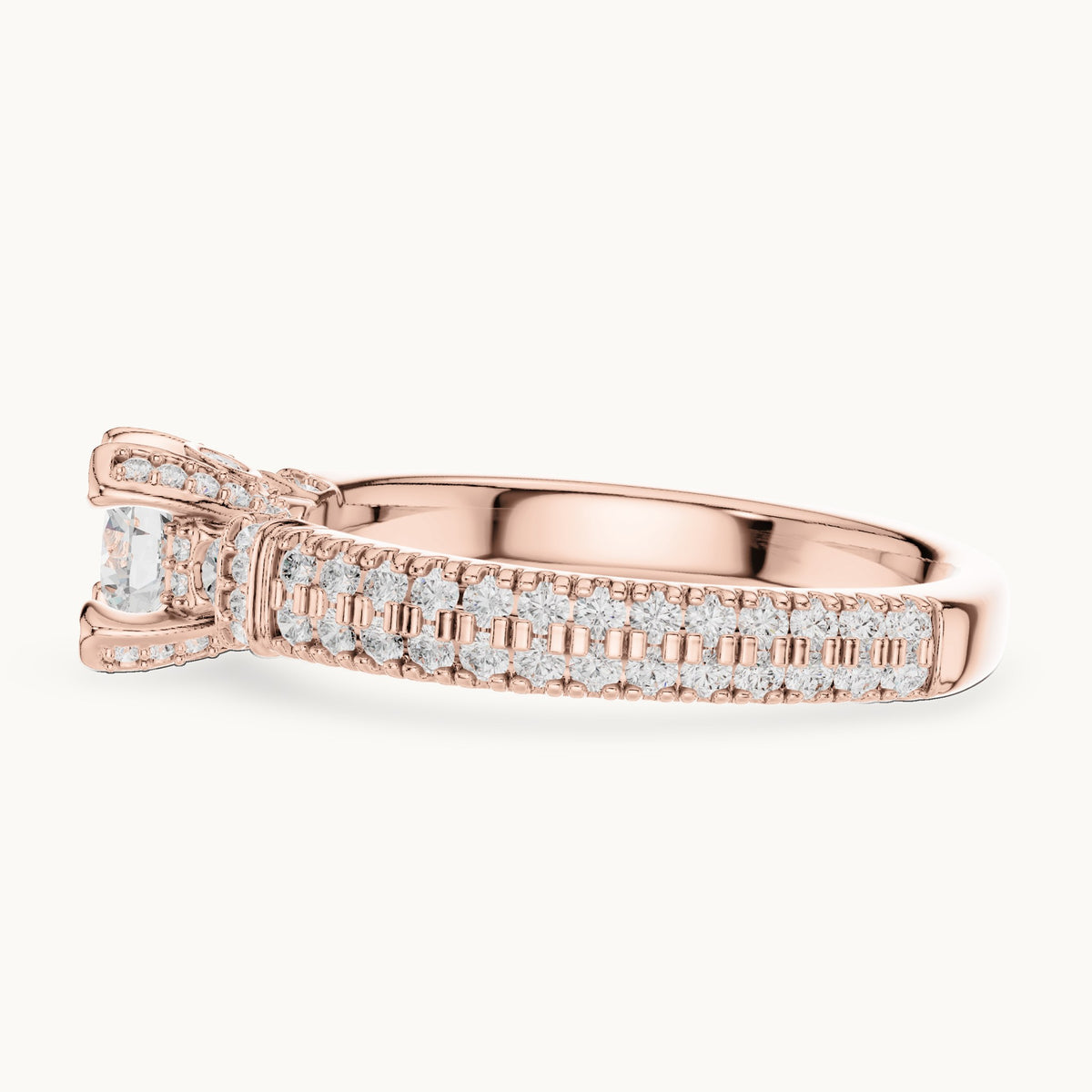 Round lab-grown diamond wide pavé engagement ring with accent diamonds in rose gold, 1.19 CT TW, view 3