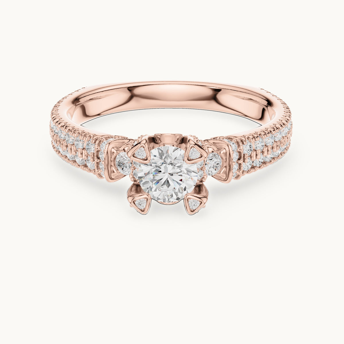 Round lab-grown diamond wide pavé engagement ring with accent diamonds in rose gold, 1.19 CT TW, view 4